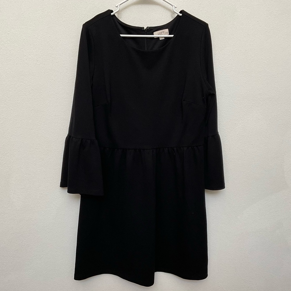 Loft Black Bell Sleeve Midi Dress Size 12 Zipper Close On Back Dressy Formal